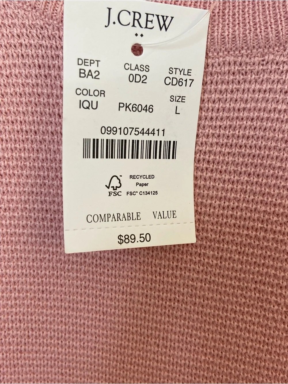 J. Crew Men’s  Pink Lightweight Cotton Sweater, Large, NWT, Smart Casual Coastal